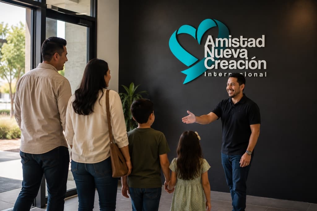 Familia recibiendo una bienvenida al llegar a Amistad Nueva Creación